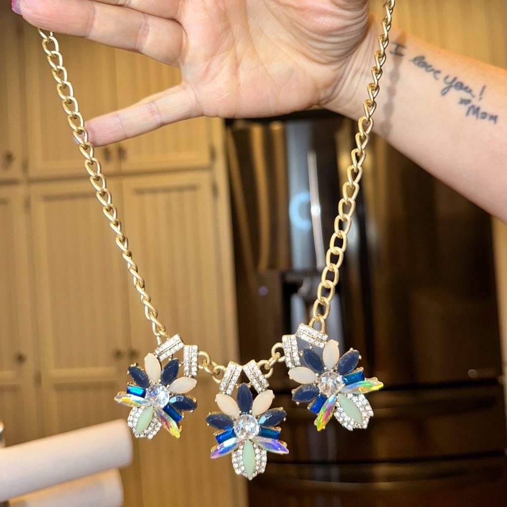 J Crew Elegant Gold, Blue, and Pink Statement Necklace